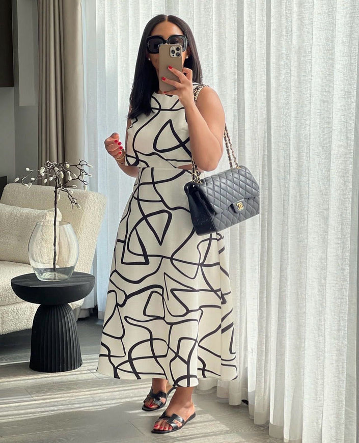 Abstract A-line midi dress, white with black line print, sleeveless scoop neck