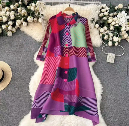 Printed abstract midi dress with long sleeves, button-front, red, purple, green panels