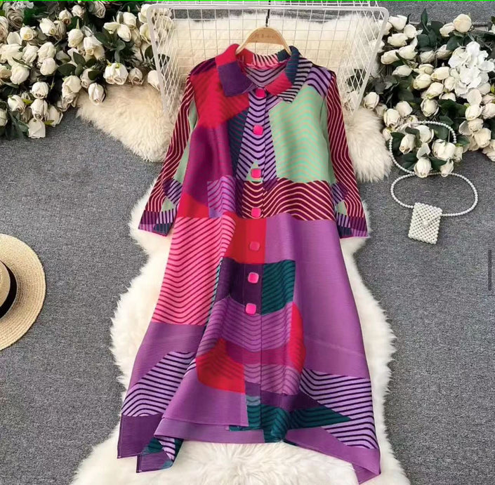 Printed abstract midi dress with long sleeves, button-front, red, purple, green panels