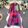 Printed abstract midi dress with long sleeves, button-front, red, purple, green panels