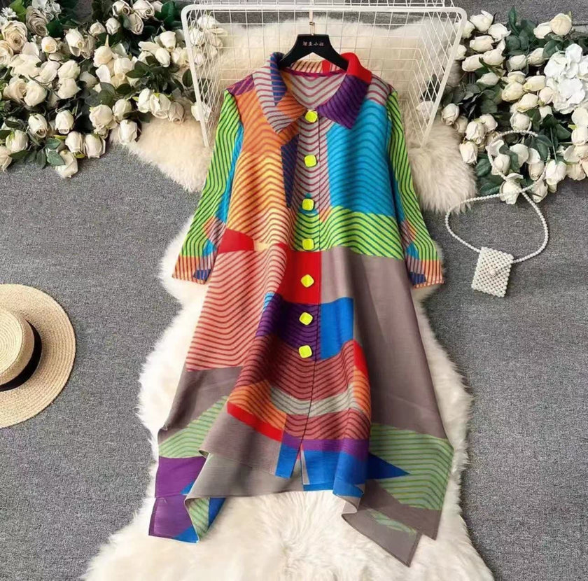 Printed abstract midi dress with long sleeves, button-front, multicolor stripe panels