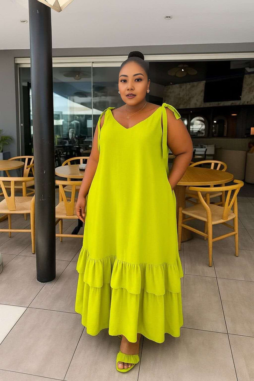 Yellow-green tiered maxi dress with V-neck and tie shoulder straps