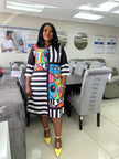 Abstract Art Print & Stripe Pattern Knee-Length Shirt Dress