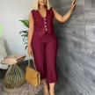 Maroon V-neck top and cropped trousers suit with button-front detail