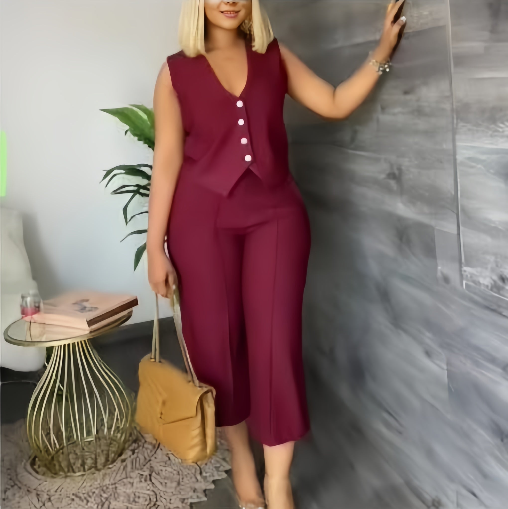 Maroon V-neck top and cropped trousers suit with button-front detail