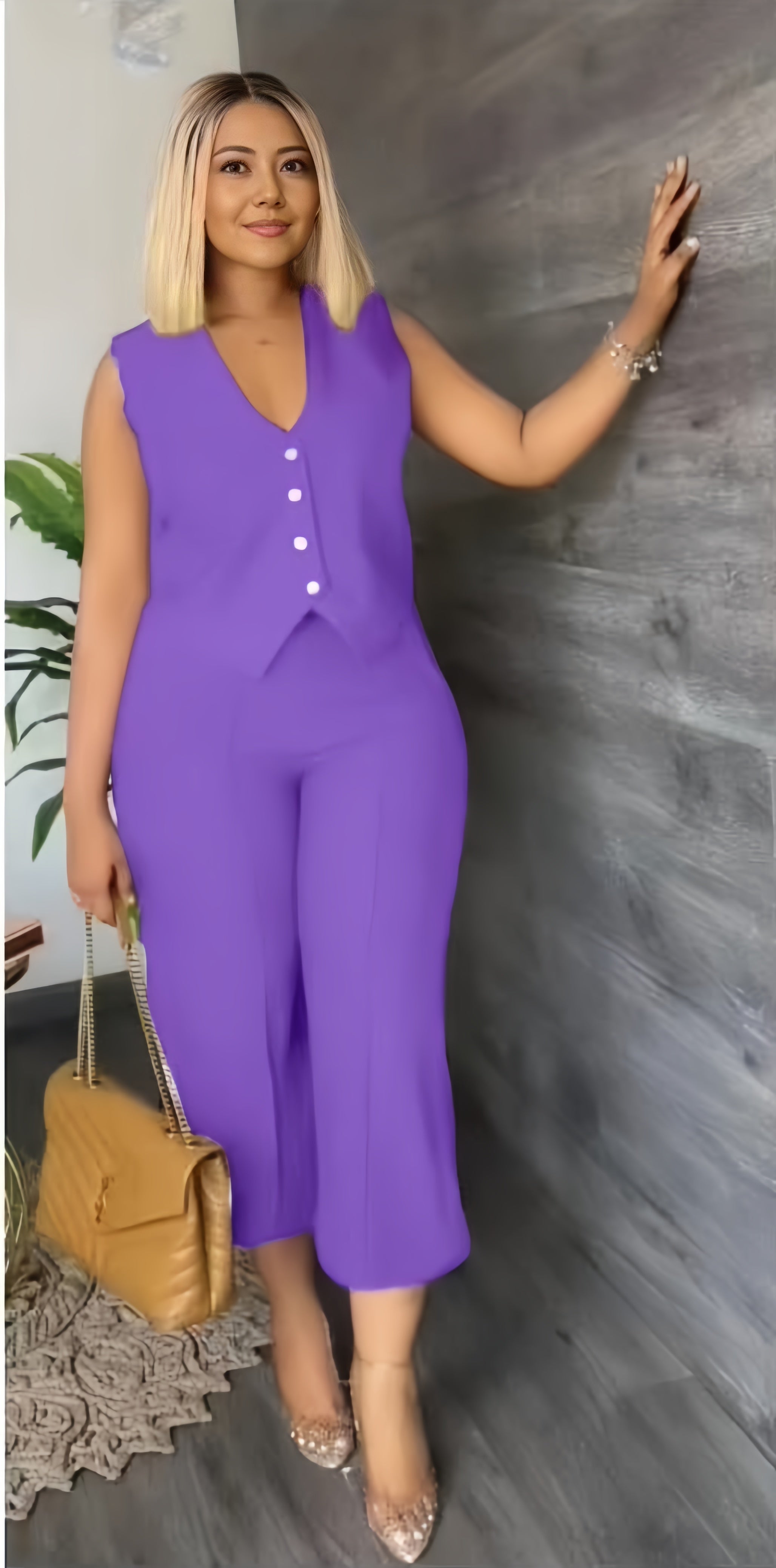 Purple V-neck top and cropped trousers suit with sleeveless button placket