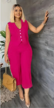 Fuchsia V-neck top and cropped trousers suit with button-front vest