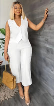 White V-neck top and cropped trousers suit with sleeveless button placket