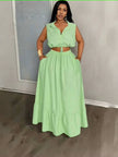 Mint-green crop top and maxi skirt set, sleeveless button front with tied waist