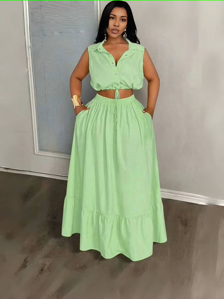 Mint-green crop top and maxi skirt set, sleeveless button front with tied waist