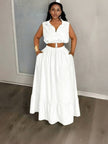 White crop top and maxi skirt set, sleeveless button front with tie at waist