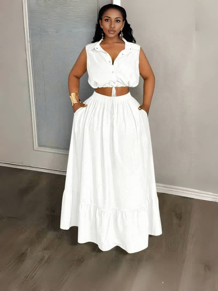 White crop top and maxi skirt set, sleeveless button front with tie at waist