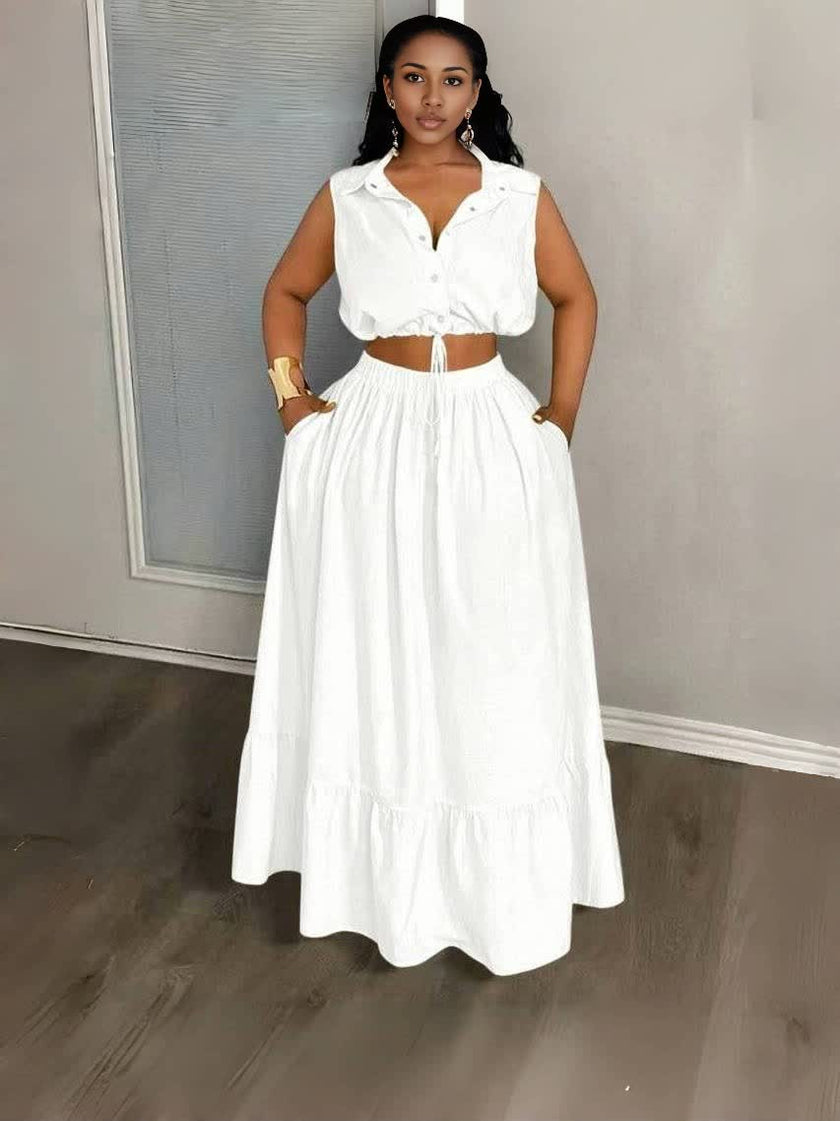 White crop top and maxi skirt set, sleeveless button front with tie at waist