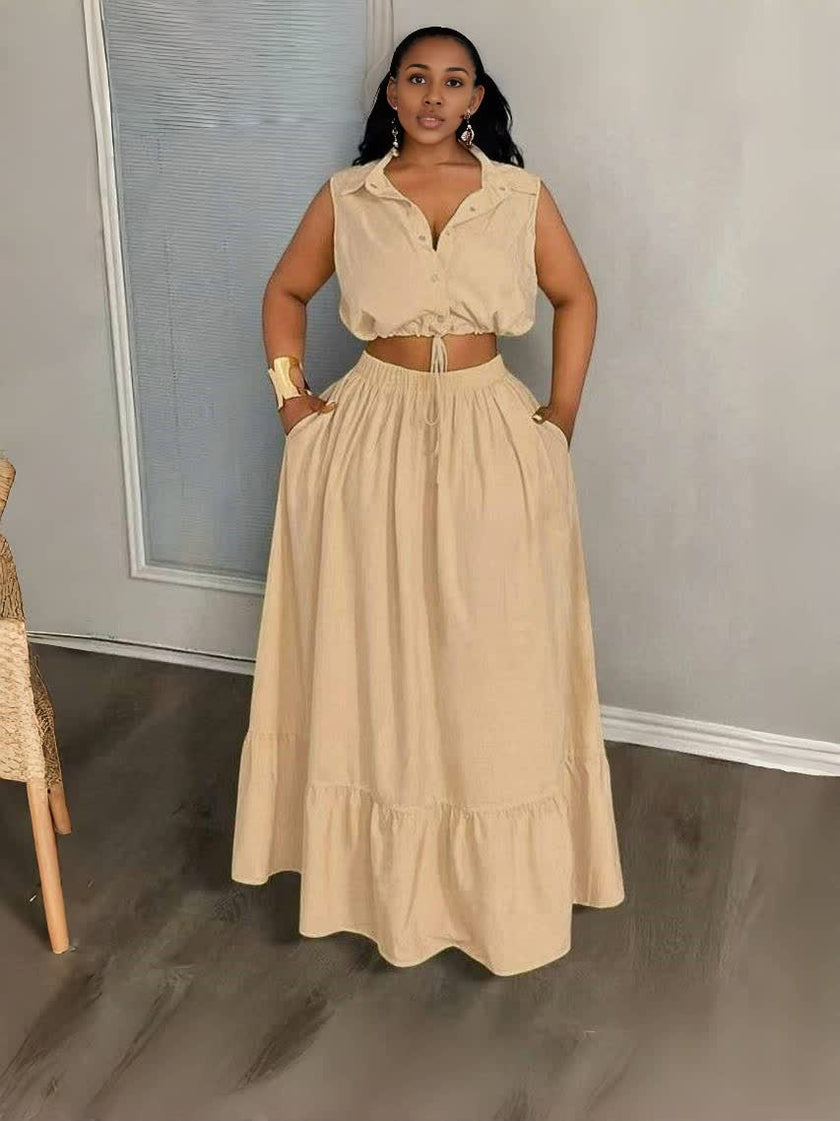 Tan crop top and maxi skirt set, sleeveless button front with drawstring waist