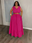 Deep-pink crop top and maxi skirt set with sleeveless button front, tied waist