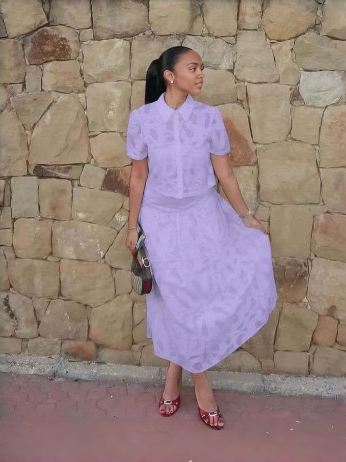 Light purple textured puff-sleeve work set with short-sleeve blouse and midi skirt