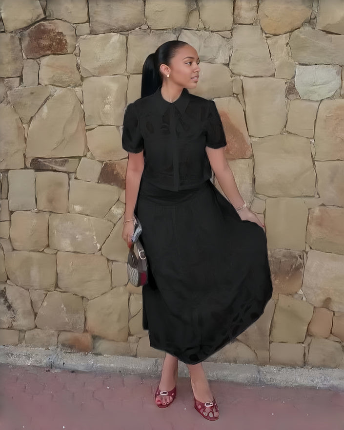 Black textured puff-sleeve work set with short-sleeve blouse and midi skirt