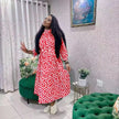 Plus size midi shirt dress with geometric print and waist belt, long sleeves, red