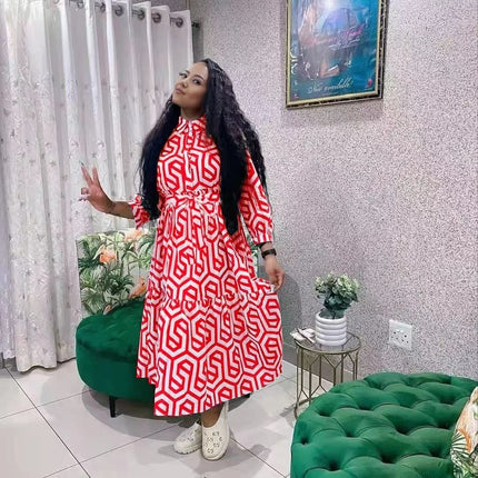 Plus size midi shirt dress with geometric print and waist belt, long sleeves, red