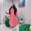 Plus size midi shirt dress with geometric print and waist belt, long sleeves, red