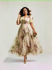 Tan floral V-neck midi A-line dress with short sleeves and fitted waist