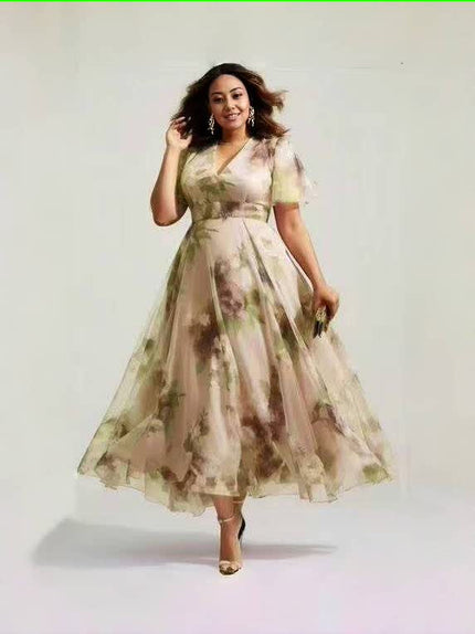 Tan floral V-neck midi A-line dress with short sleeves and fitted waist