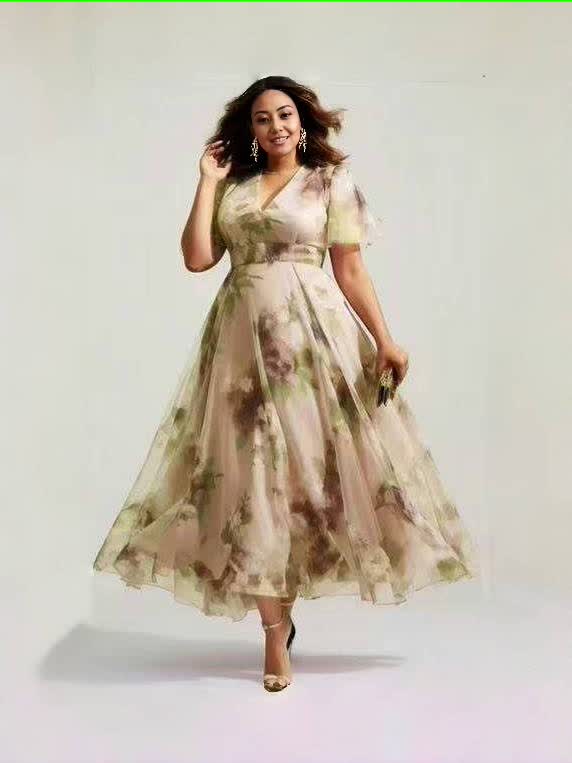 Tan floral V-neck midi A-line dress with short sleeves and fitted waist