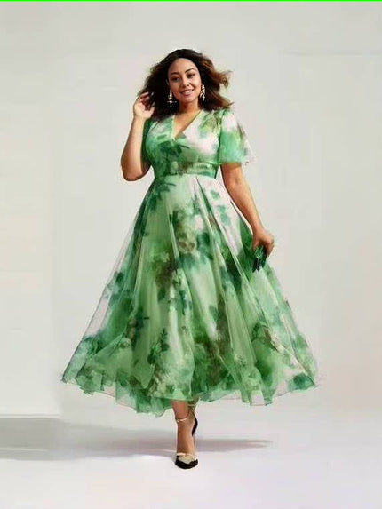 Green floral V-neck midi A-line dress with short sleeves and fitted waist