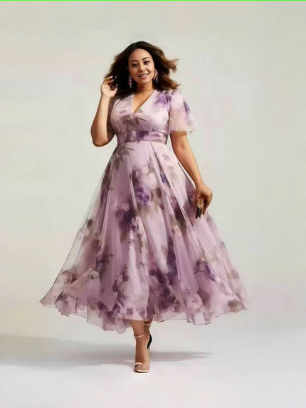 Purple floral V-neck midi A-line dress with short sleeves and fitted waist