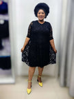 Plus size lace A-line dress with half sleeves, black