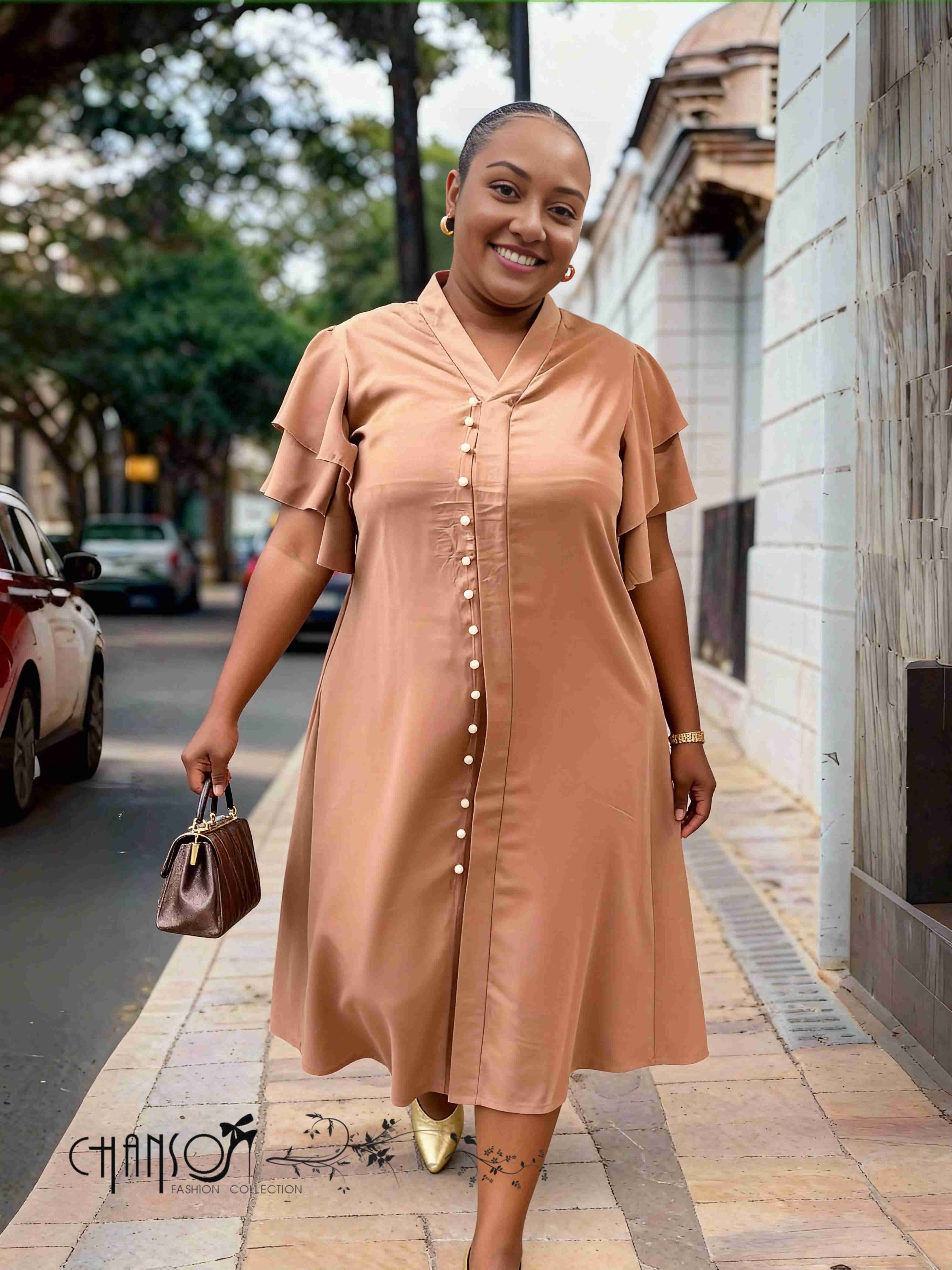 Plus size ruffle sleeve button-front dress, tan-brown, short flutter sleeves