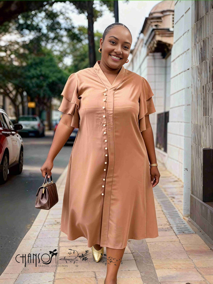 Plus size ruffle sleeve button-front dress, tan-brown, short flutter sleeves