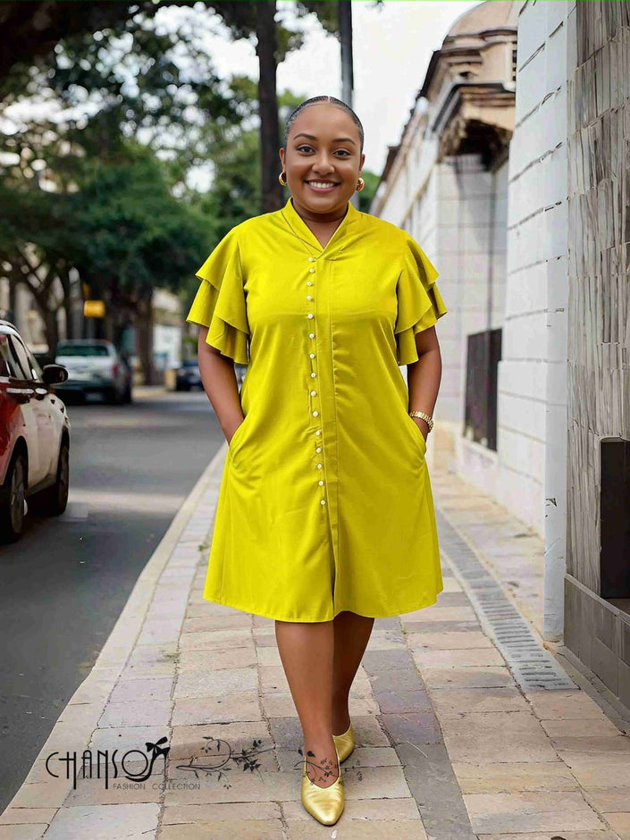 Plus size ruffle sleeve button-front dress, yellow-green, short sleeves