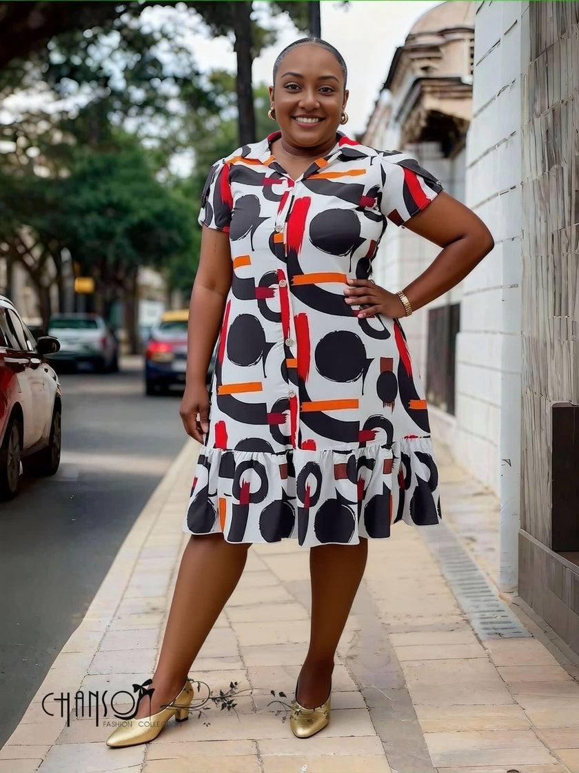 Plus size ruffle shirt dress with circular print (white, black, red), short sleeves