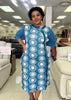 Plus-size floral midi dress, deep-sky-blue with white circular floral print, 3/4 sleeves