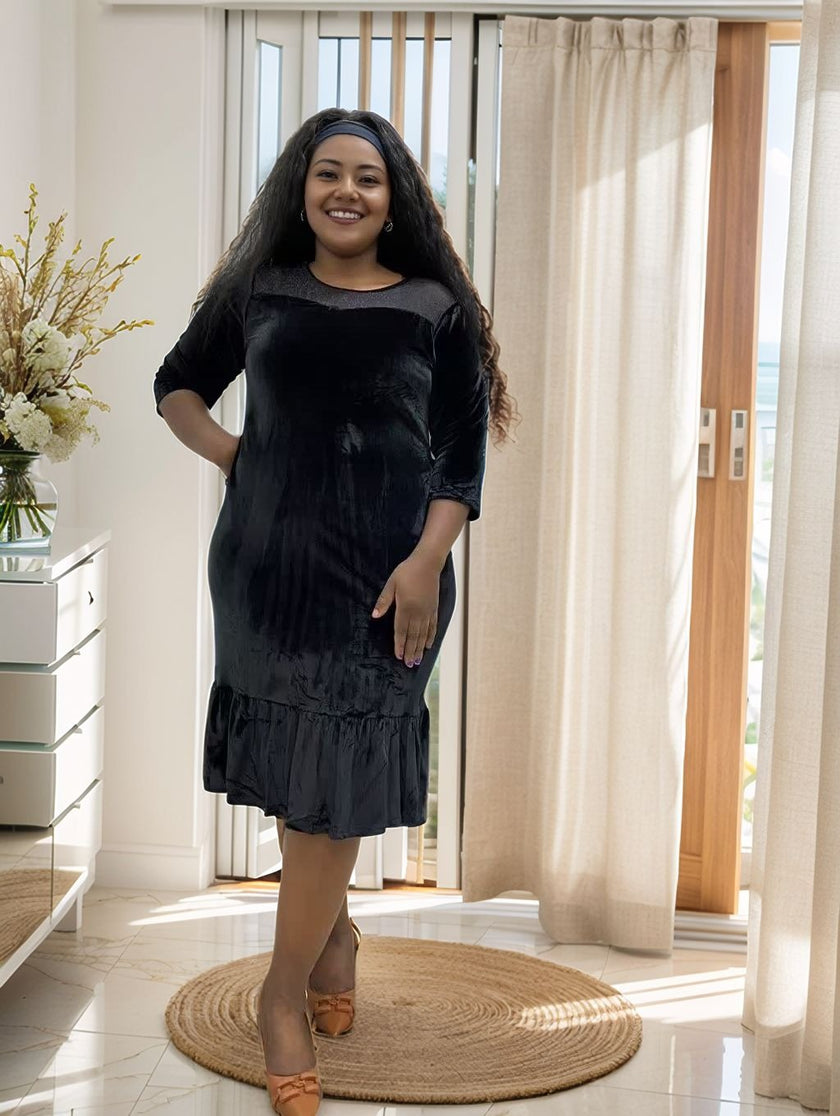 Plus size velvet midi dress, black, long sleeves, square neckline, ruffle hem
