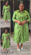 Plus size collared midi dress in green with abstract line print, long sleeves