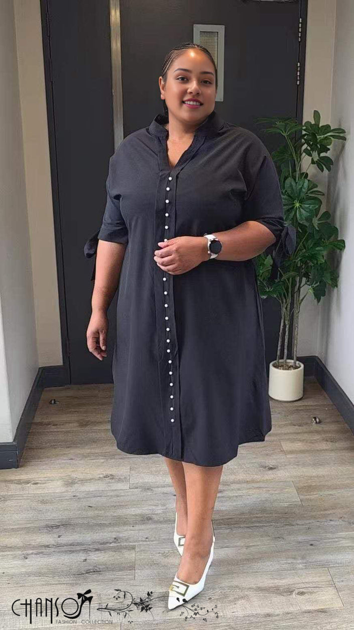 Plus size midi dress with button front and short sleeves, dark black