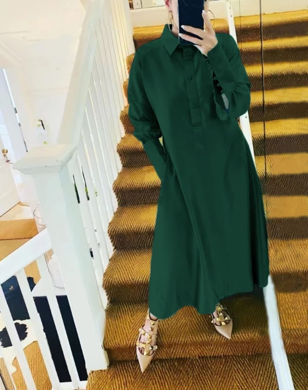 Long-Sleeved Collared Button-Up Knee-Length Shirt Dress
