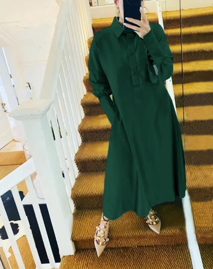 Long-Sleeved Collared Button-Up Knee-Length Shirt Dress