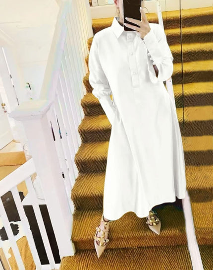 White midi shirt dress with collar and long sleeves, button-front.