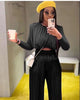 Long-Sleeve Draped Blouse and High-Waisted Pleated Trousers Ensemble