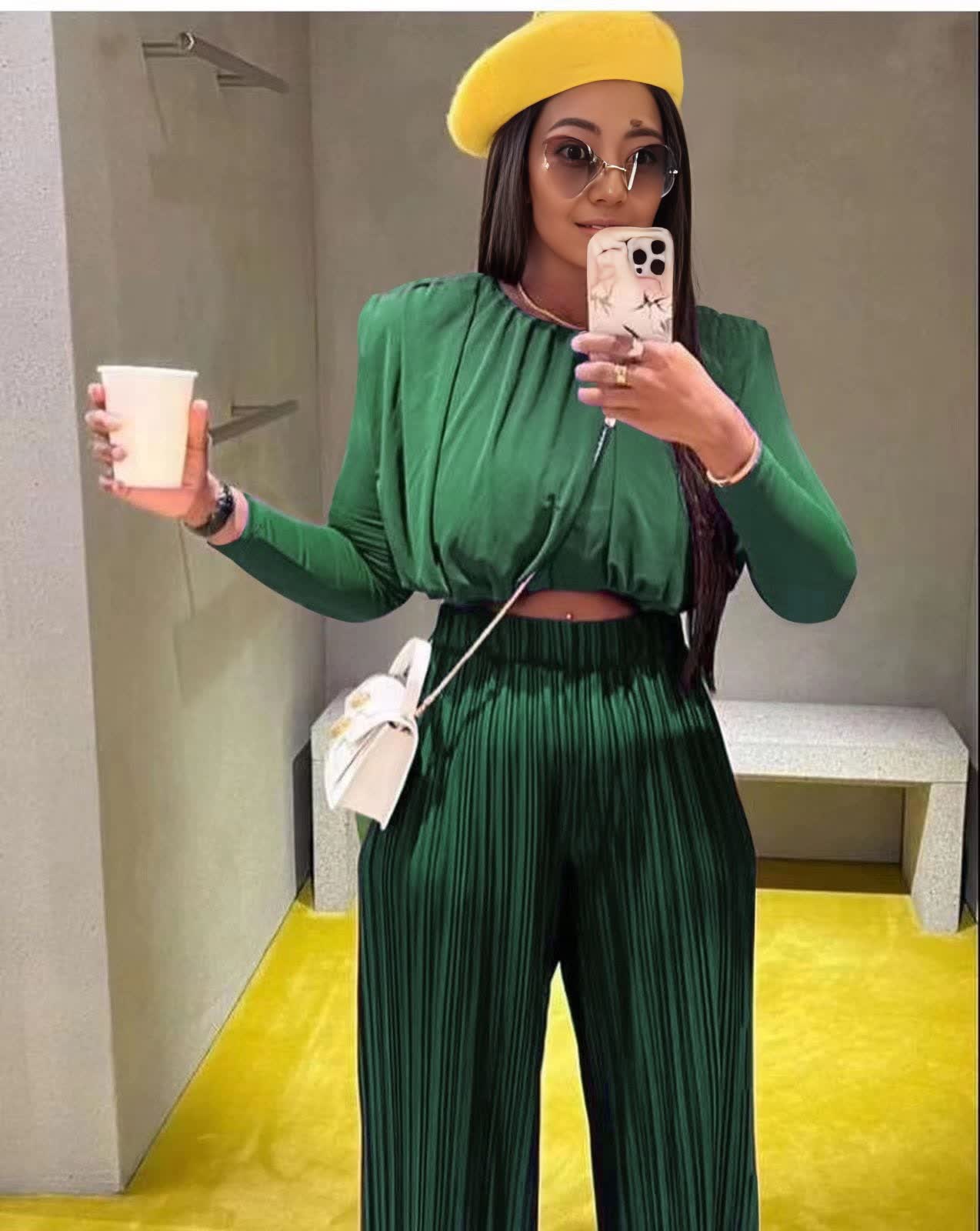 Dark green draped blouse and pleated trousers set, long sleeves with gathered waist