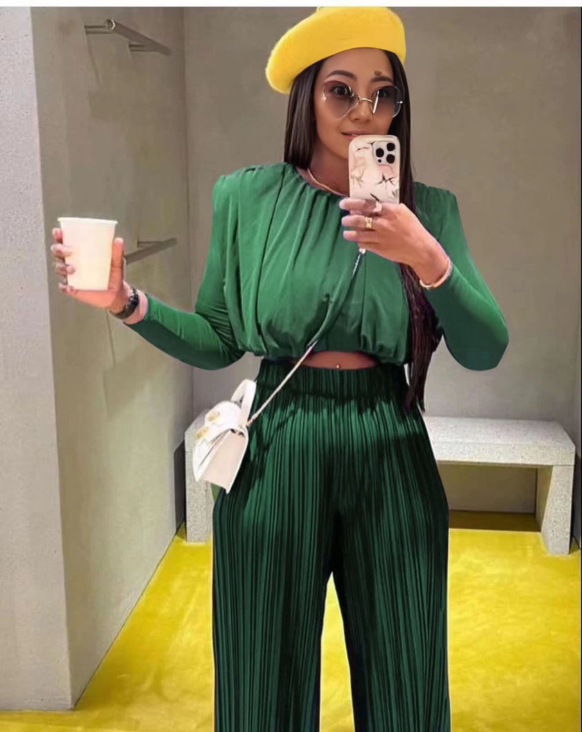 Dark green draped blouse and pleated trousers set, long sleeves with gathered waist
