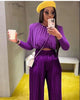 Purple draped blouse and pleated trousers set, long sleeves with gathered waist