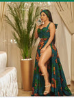 Twin Set Maxi-Kleid mit afrikanischem Print, ärmellos, grün mit orangefarbenen Motiven