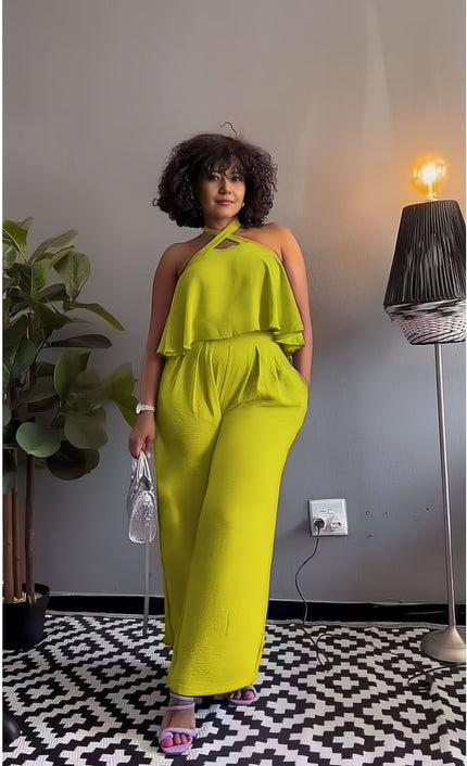 Sleeveless cross-neck jumpsuit with layered ruffle bodice, lime yellow-green
