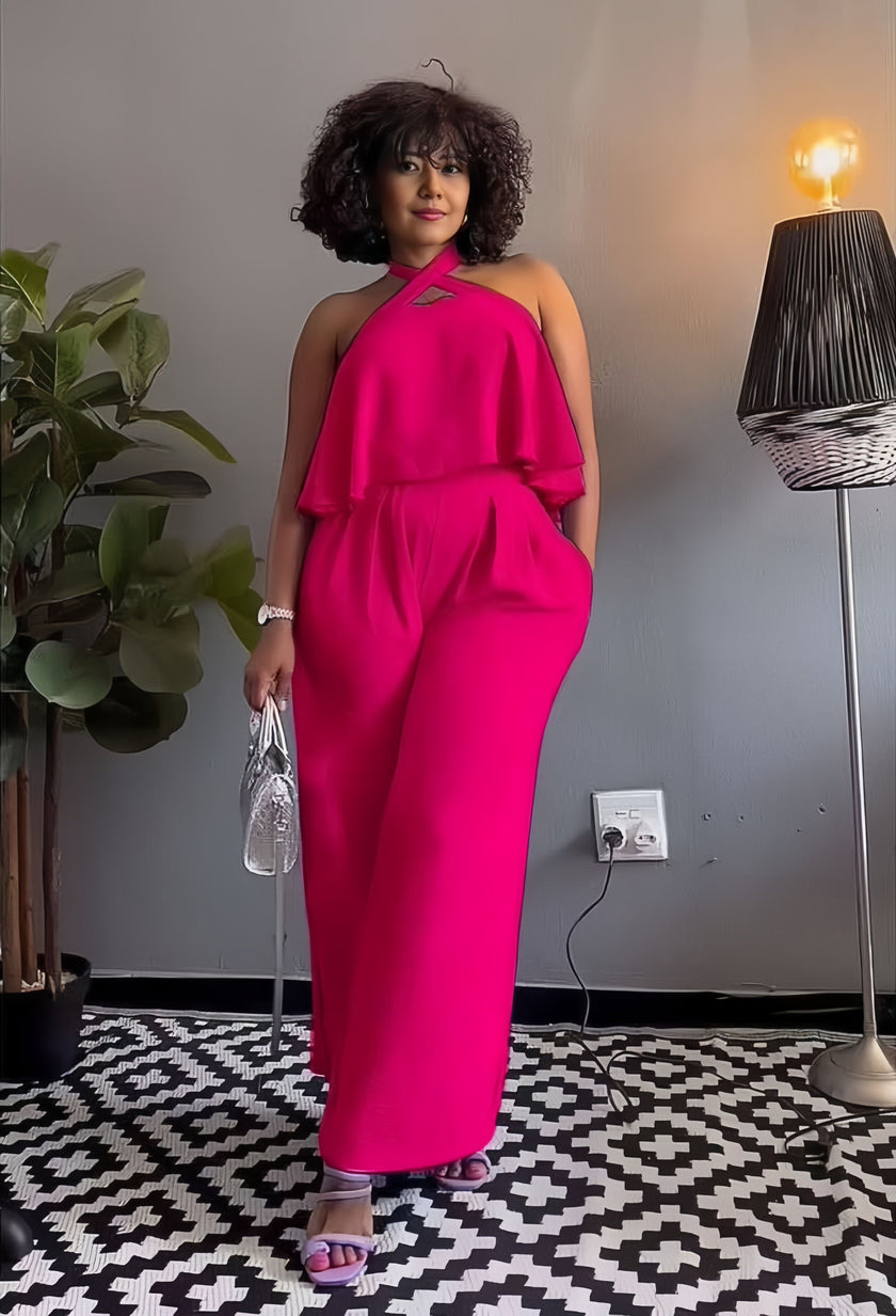 Sleeveless cross-neck jumpsuit with layered ruffle bodice, deep pink