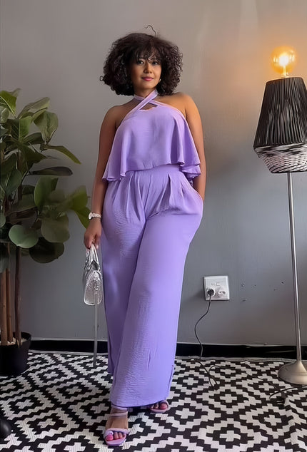Sleeveless cross-neck jumpsuit with layered ruffle bodice, lavender-purple