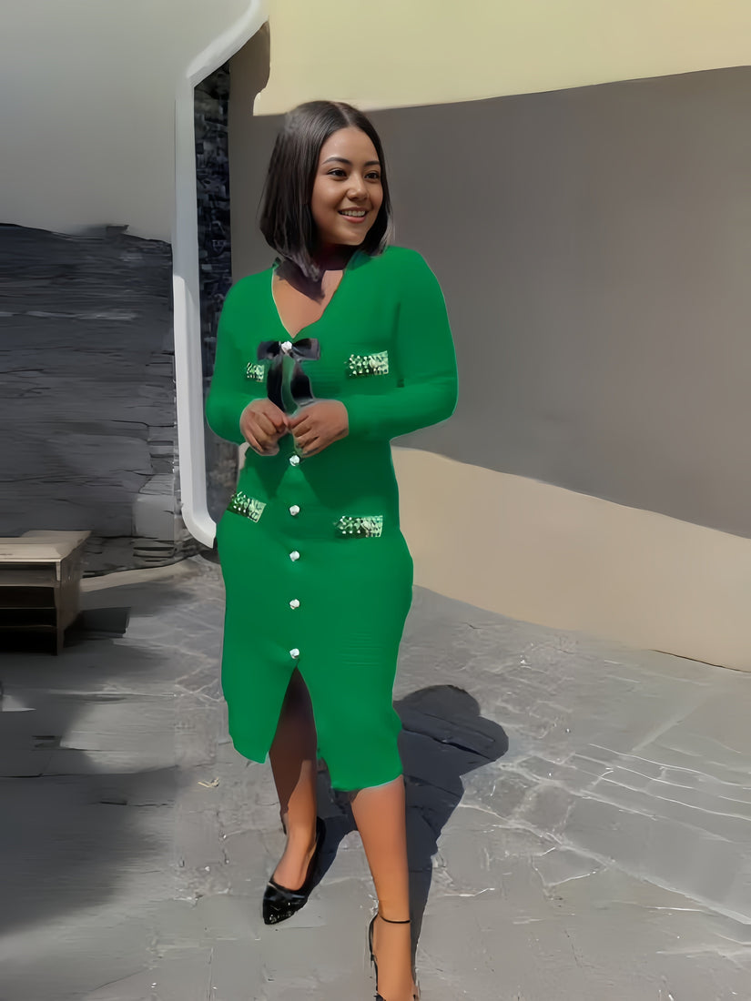 Forest-green knit midi dress with bow collar, button front and side slit